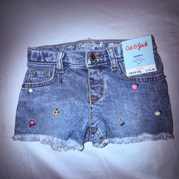 Cat & Jack Other - Cat & Jack Denim Shorts Kids 4T Blue New Floral Embroidered Adjustable Waist